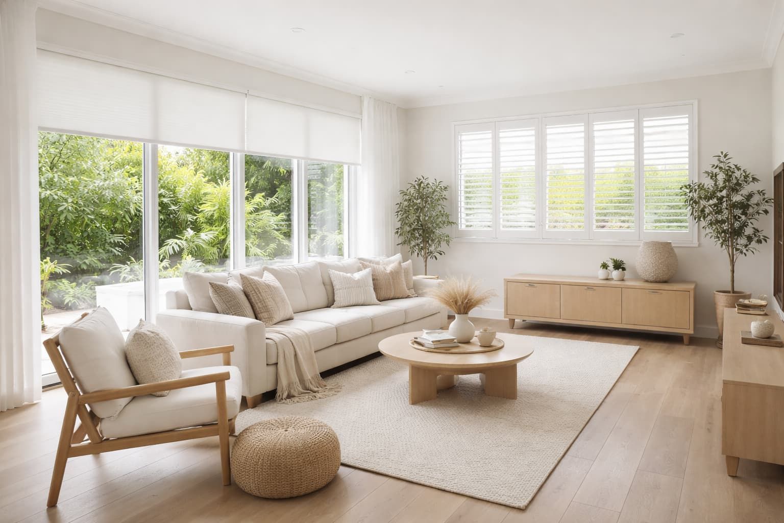 Modern Newcastle home with roller blinds and plantation shutters installed on large windows