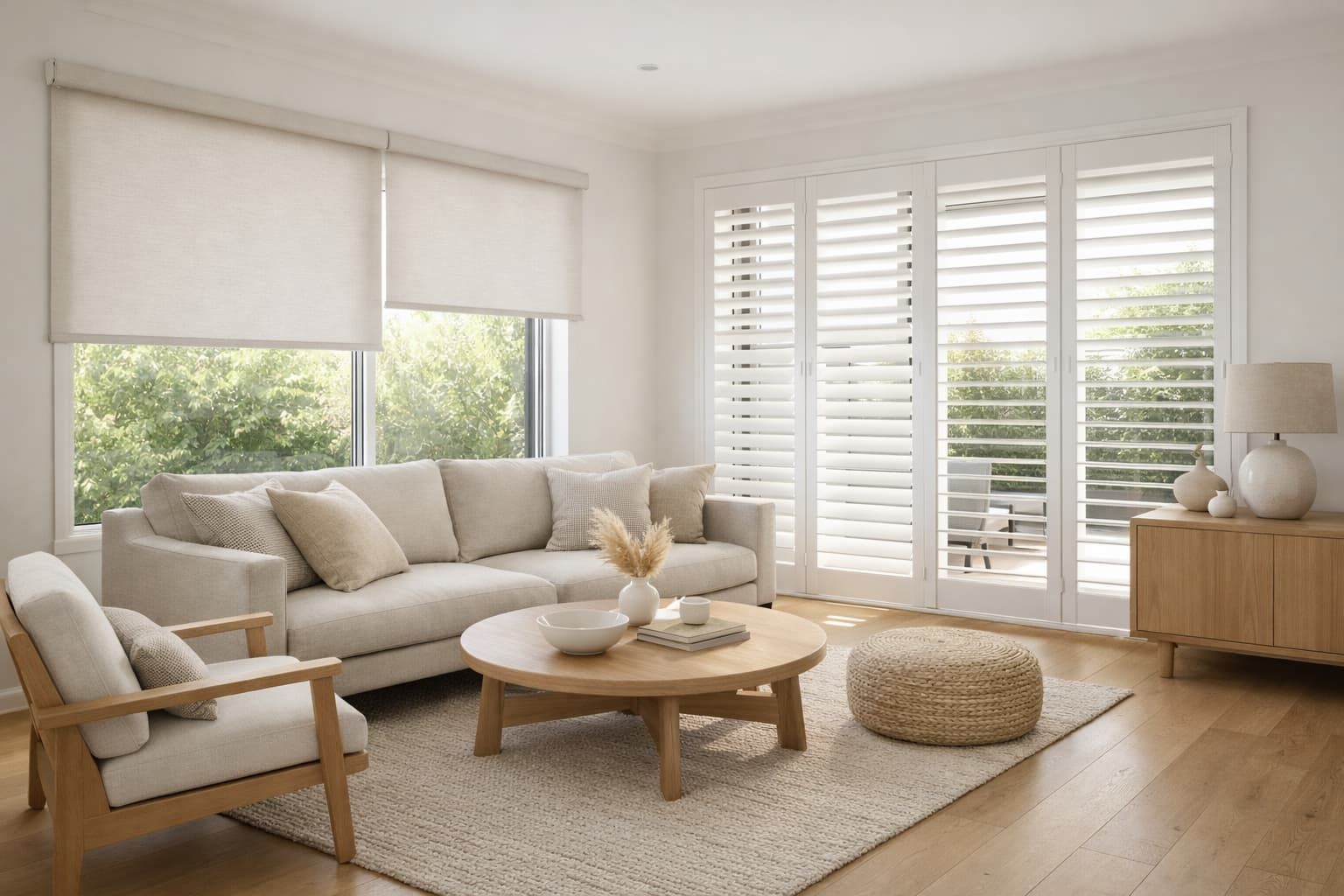 Modern Newcastle home interior showing roller blinds and plantation shutters with natural light