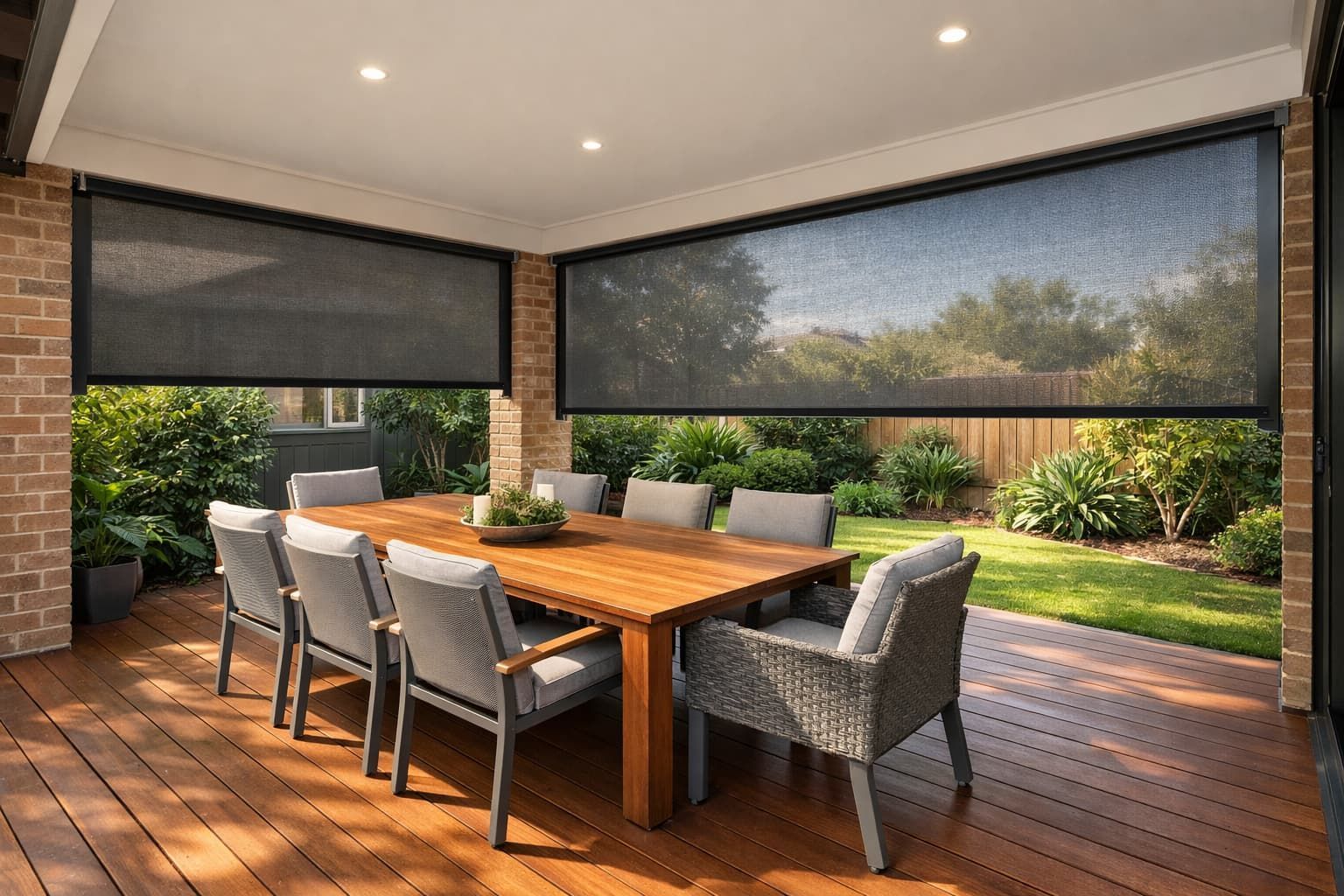 Outdoor blinds installed on a Newcastle alfresco area providing shade and weather protection