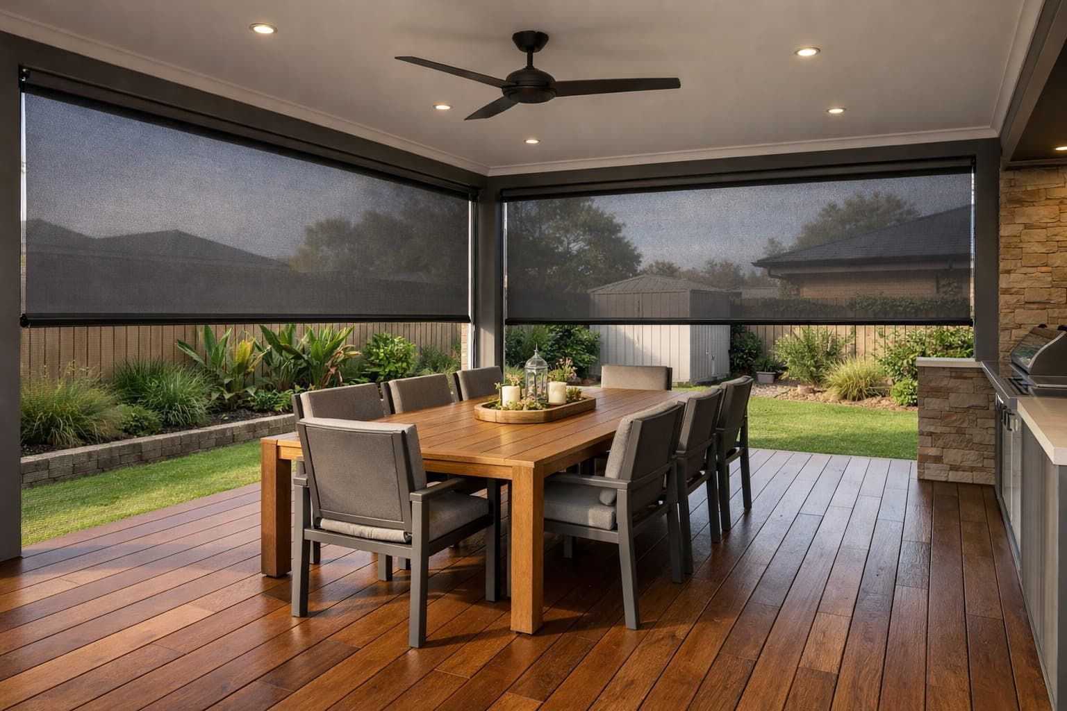 Outdoor blinds installed in a Newcastle alfresco area for shade and comfort