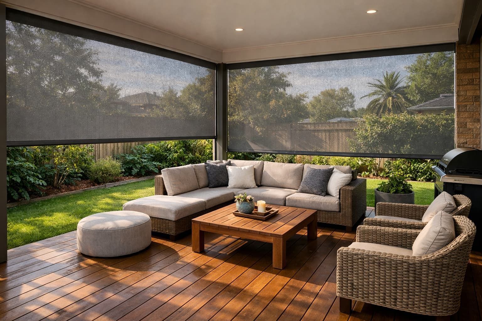Outdoor blinds installed on a Newcastle patio providing shade and weather protection
