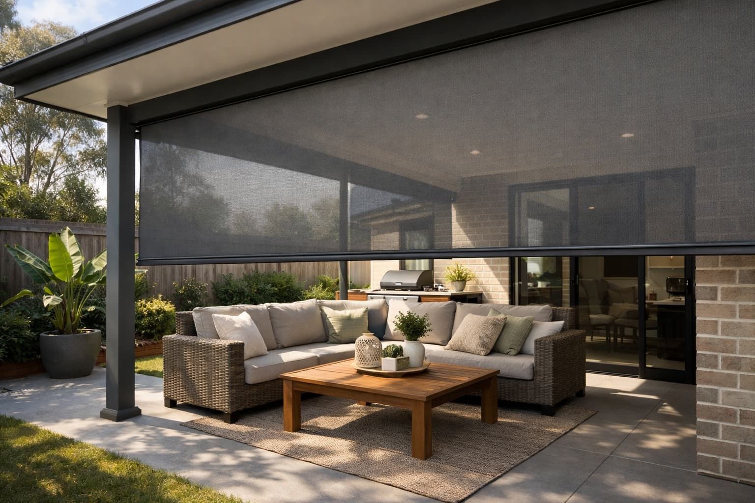 Outdoor blinds installed on a patio in Newcastle from side view