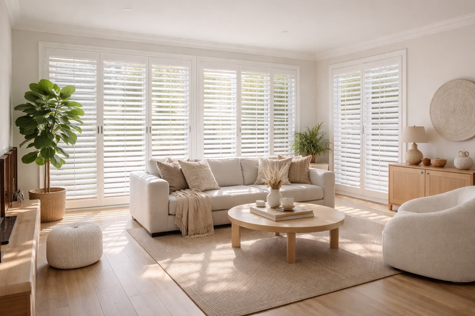 Plantation shutters installed in a Newcastle living room with adjustable louvres