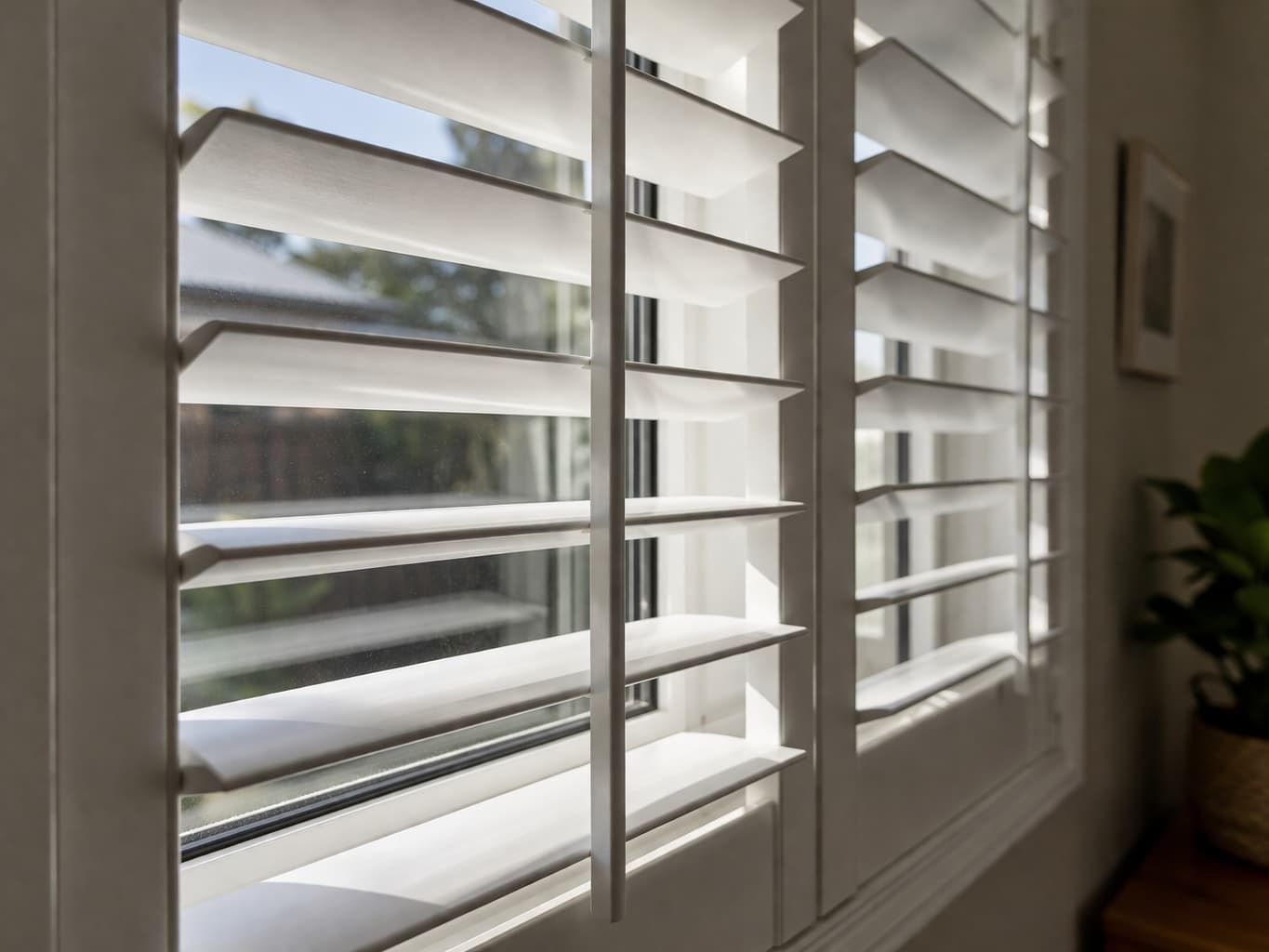 White plantation shutters with adjustable louvres in a modern Newcastle home