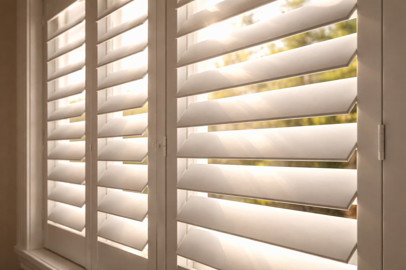 Close-up of plantation shutters with adjustable louvres
