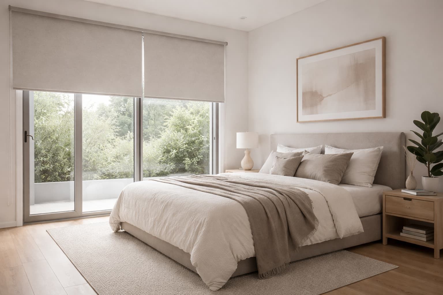 Roller blinds installed in a Newcastle bedroom for privacy and light control