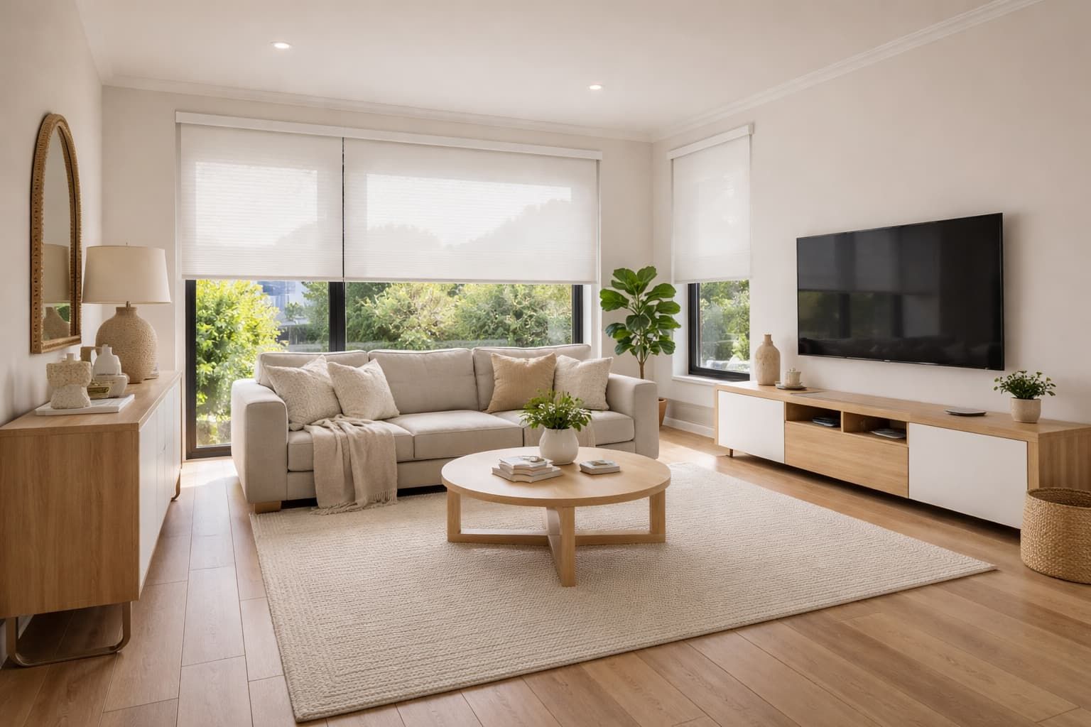 Roller blinds installed in a modern Newcastle living room