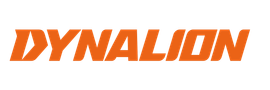 An orange and white logo for dynalion on a white background