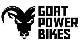 The logo for goat power bikes shows a goat with horns and the words `` goat power bikes ''.