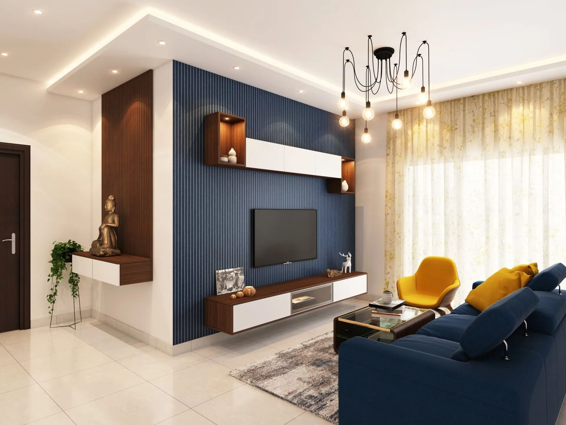 Modern living room with navy accent wall, TV unit, blue sofa, yellow chairs, and sheer curtains