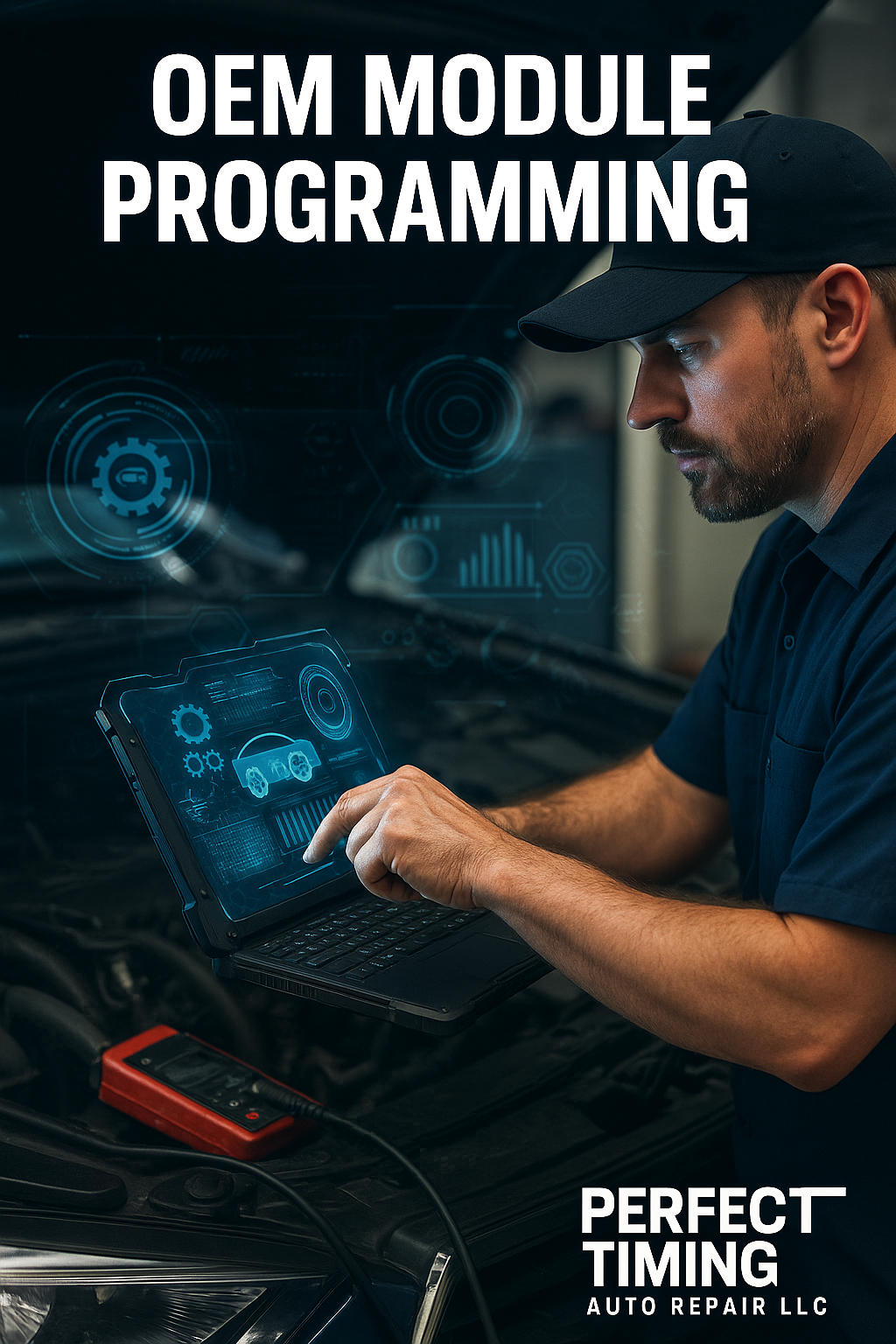 A blue gearbox is sitting on a concrete floor in a garage.