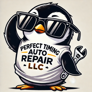 A penguin is wearing sunglasses and holding a wrench for perfect timing auto repair llc