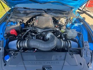 The engine of a blue mustang is shown with the hood open.