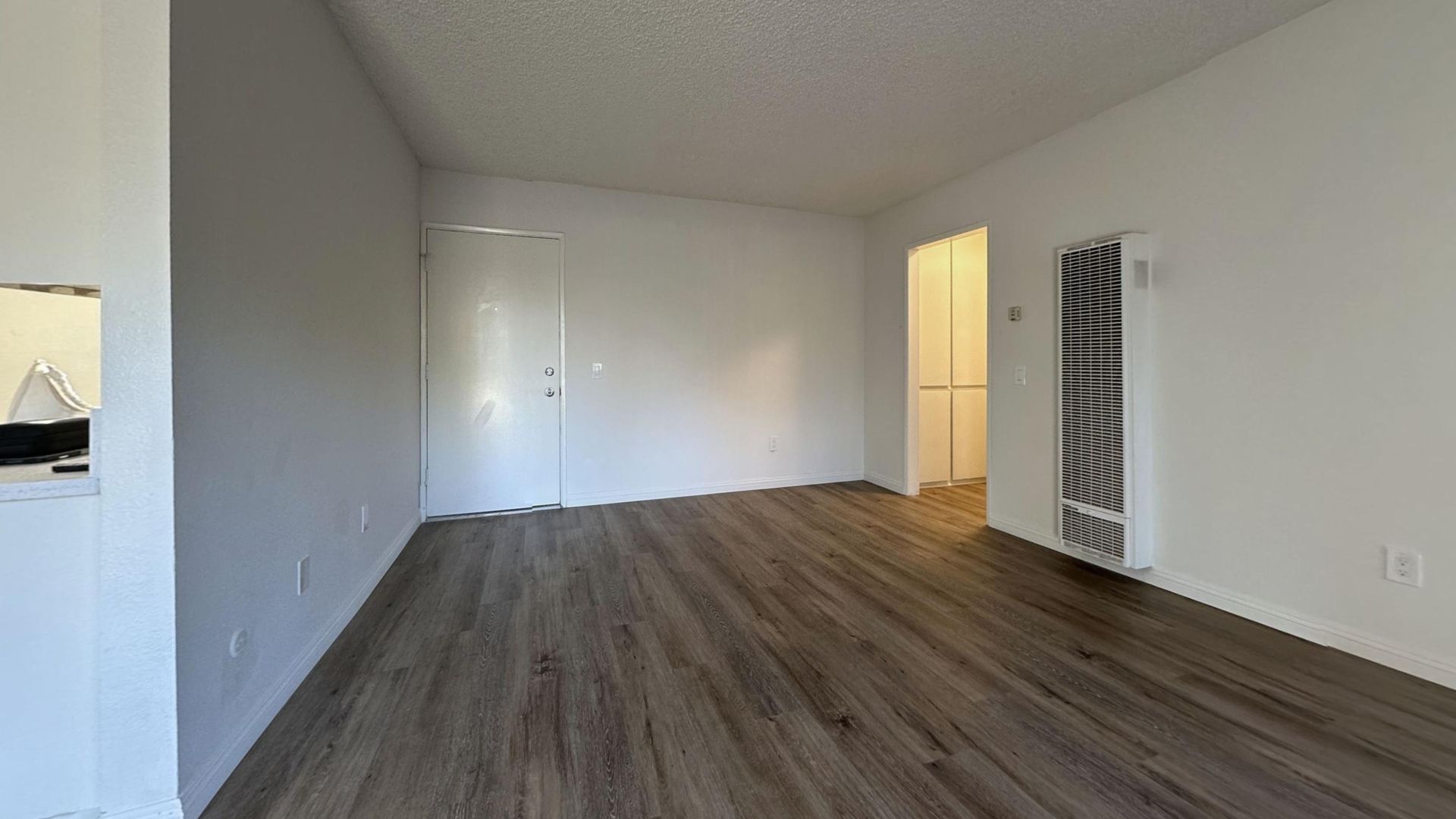 Empty living room with wood-look flooring, white walls, door, heater, and doorway.