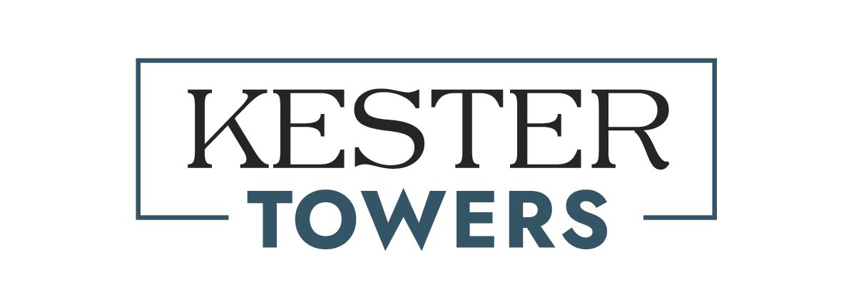 Kester Towers logo with black text in a gray outlined box, 