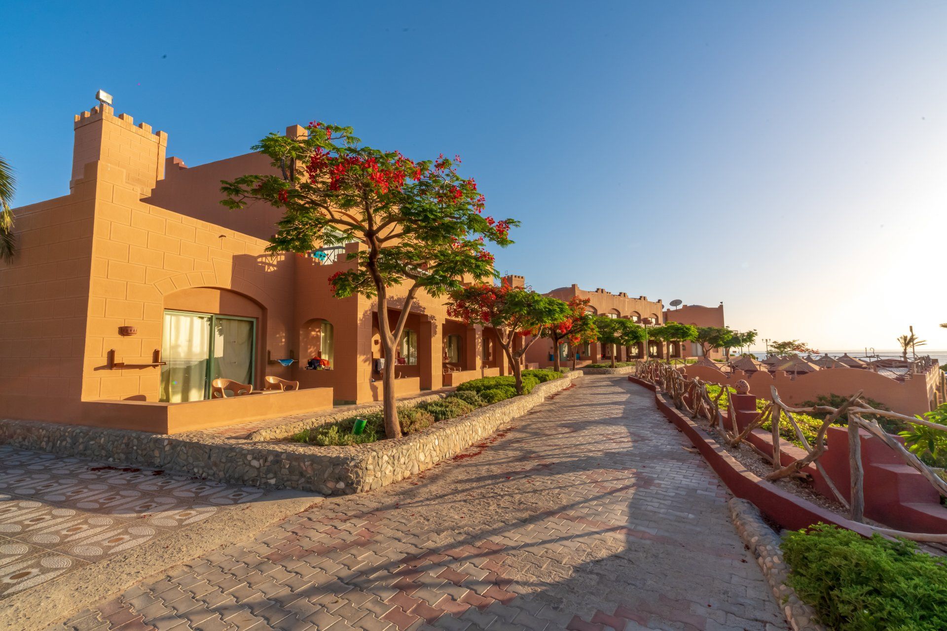A row of buildings with trees in front of them on a sunny day.