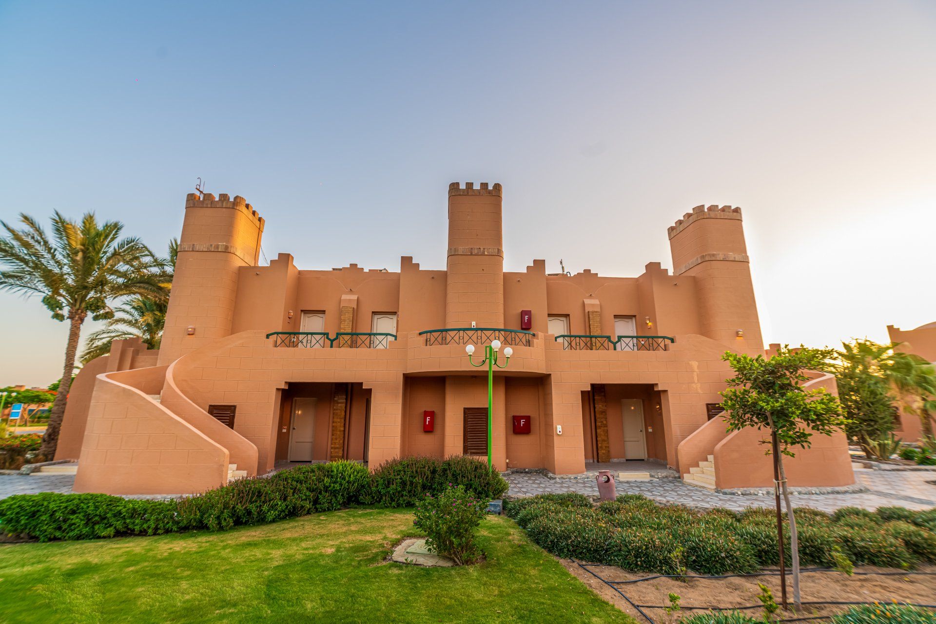 It looks like a castle with stairs leading up to it.