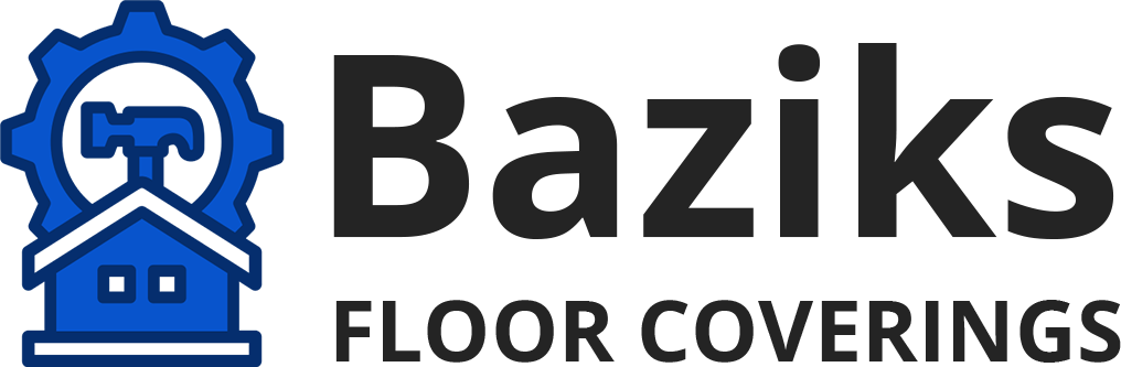 Logo: Blue gear, house, and hammer icon with "Baziks FLOOR COVERINGS" in black text.