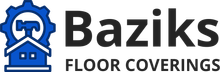 Logo: Blue gear, house, and hammer icon with "Baziks FLOOR COVERINGS" in black text.