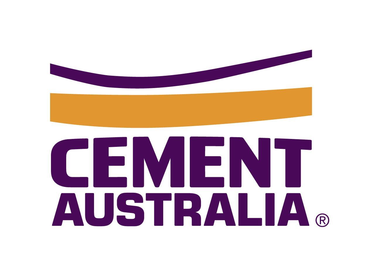 Cement Australia logo: Purple and gold horizontal stripes above purple text on white.