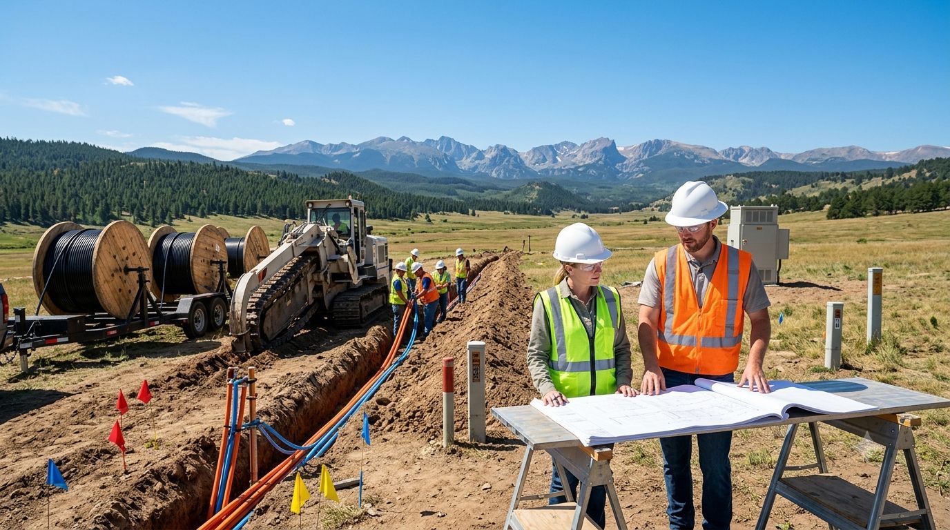 Engineers reviewing plans beside a trench and cable spool on a rural construction site with mountains in the background