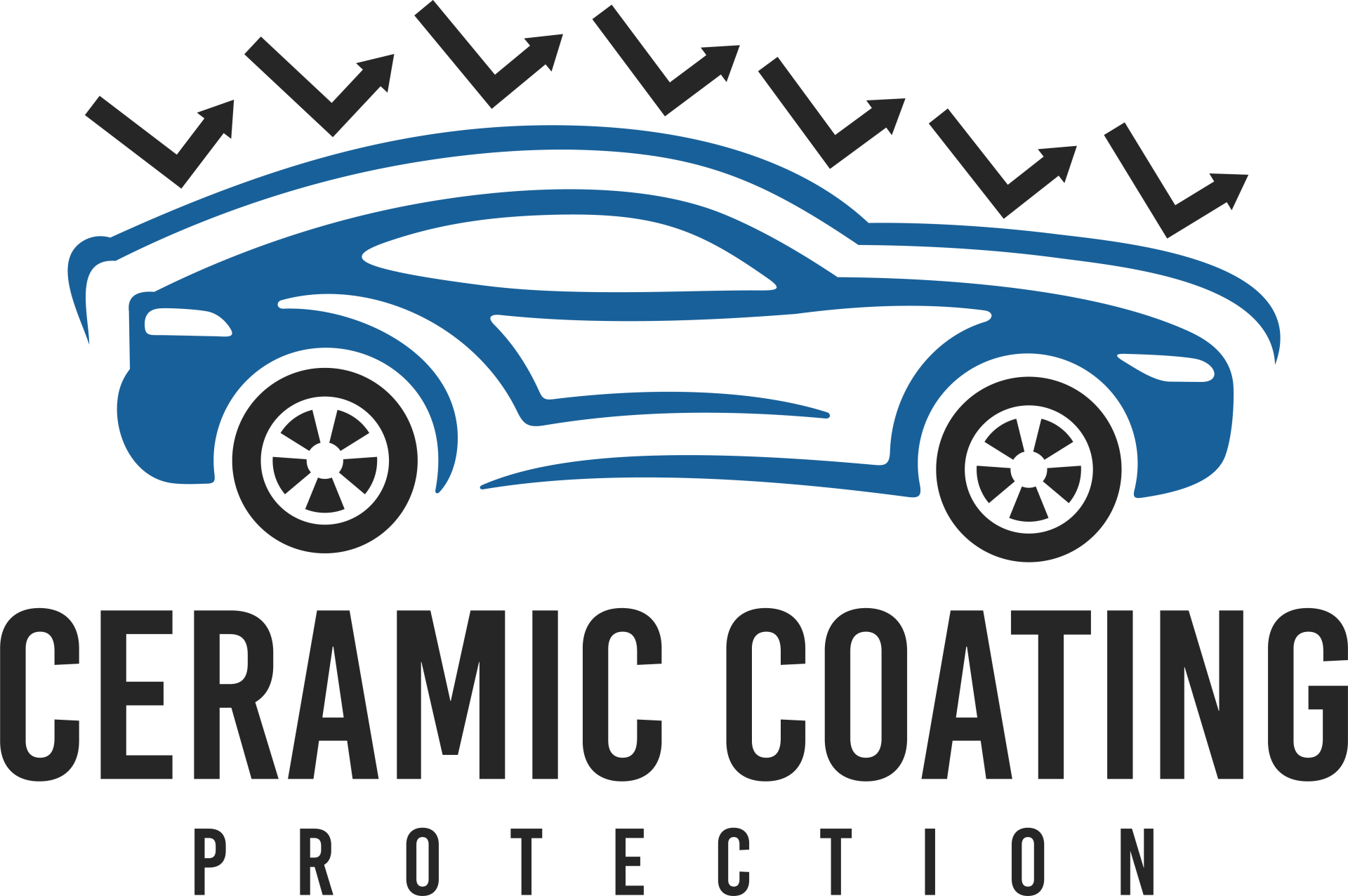 Blue car with arrows, text 