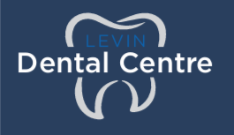 Levin Dental Centre logo: White tooth graphic on a blue background, with text 