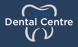 Levin Dental Centre logo: White tooth graphic on a blue background, with text 