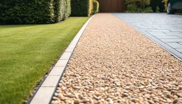 A gravel driveway leading to a lush green lawn.