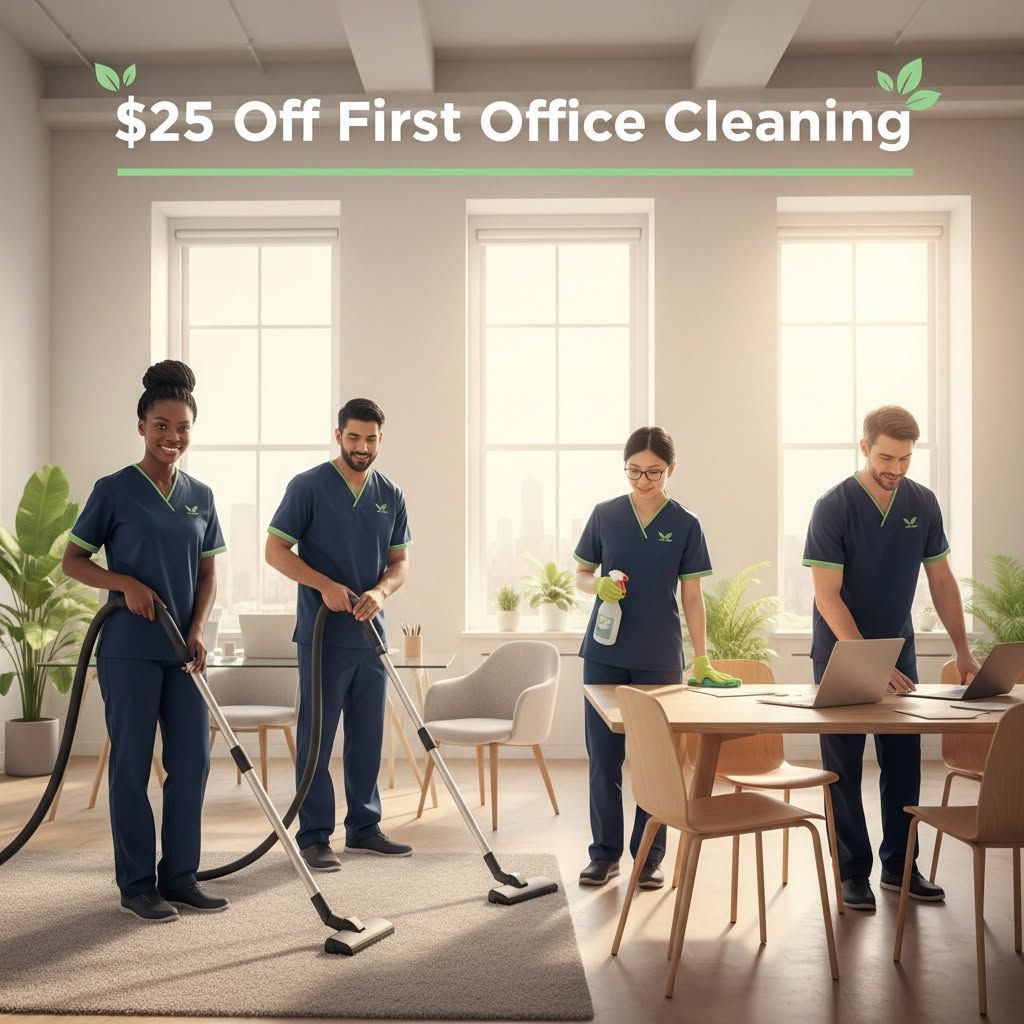 Office cleaning crew, offering $25 off first cleaning. Staff vacuum, spray, and work in a bright office.