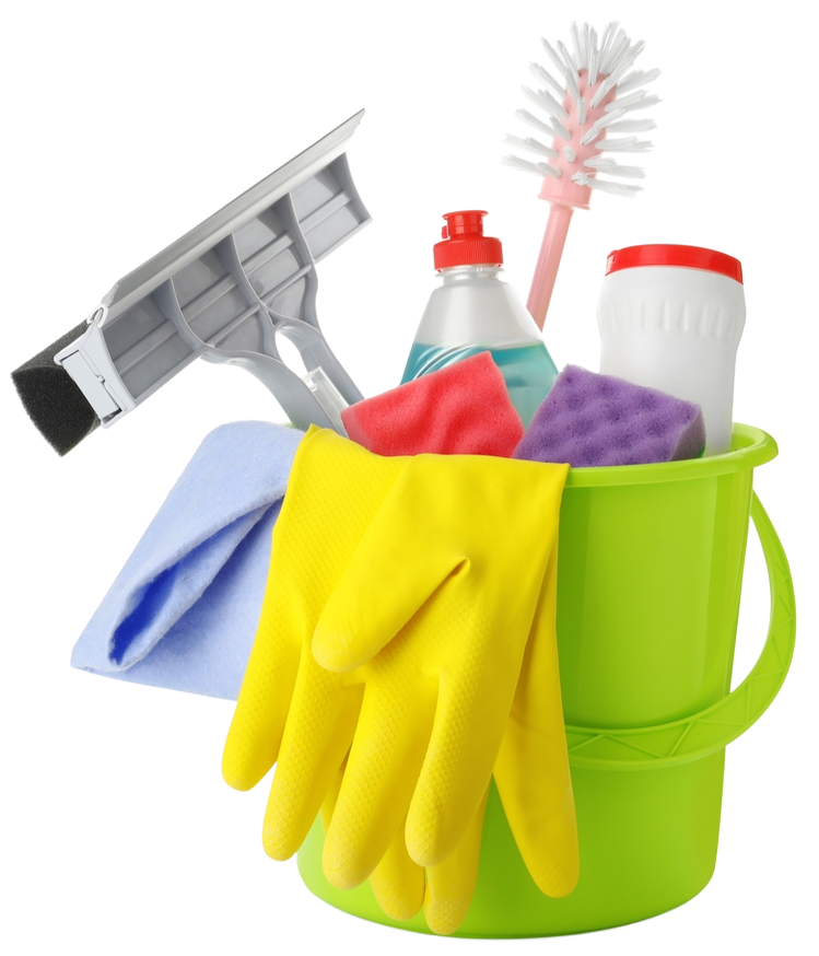 Green bucket filled with cleaning supplies, including a squeegee, sponges, gloves, and a scrub brush.