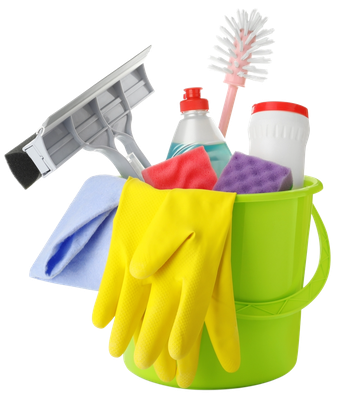 Green bucket filled with cleaning supplies, including a squeegee, sponges, gloves, and a scrub brush.