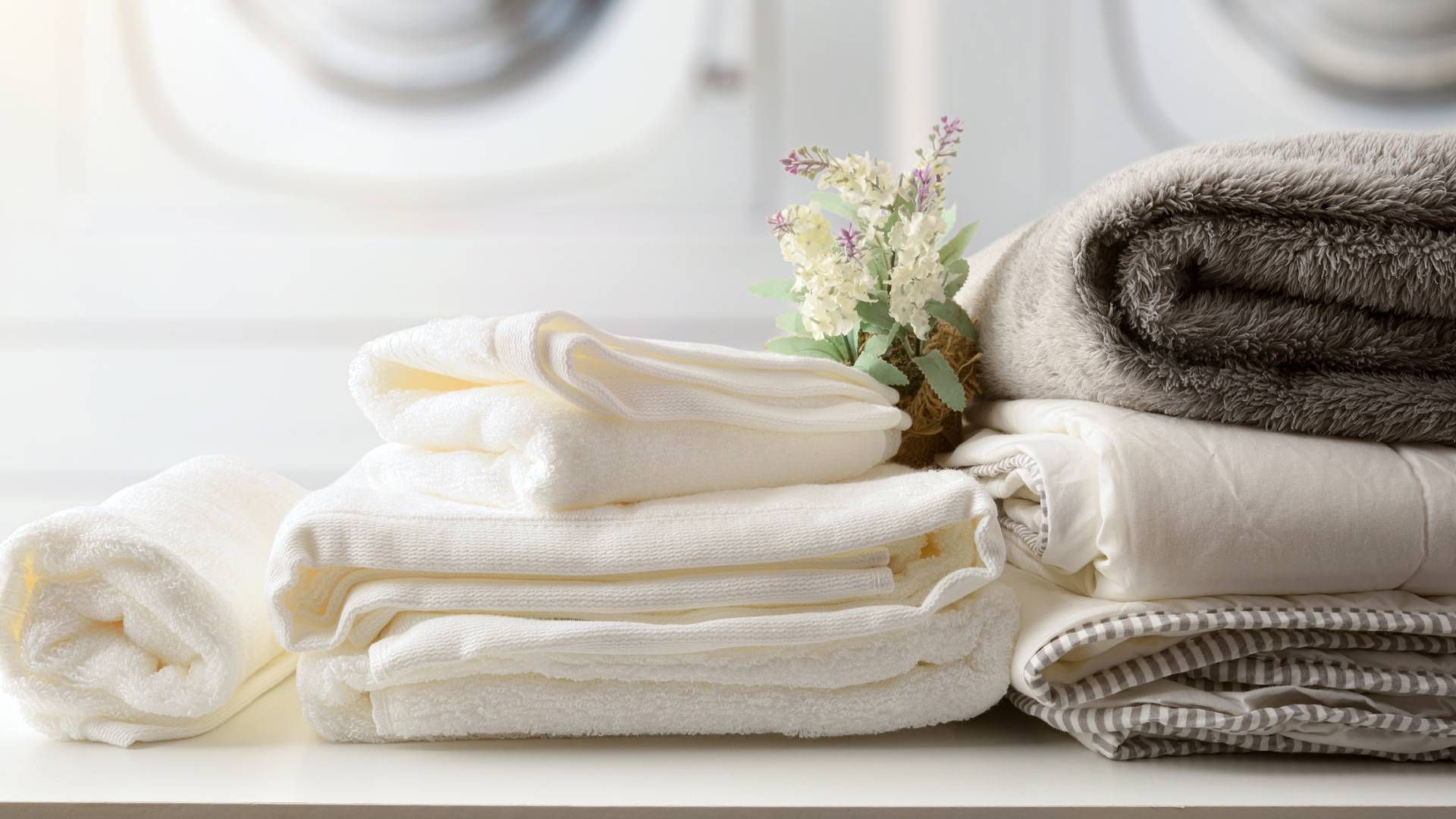 Stack of folded white and gray towels with a small flower arrangement, in front of washing machines.