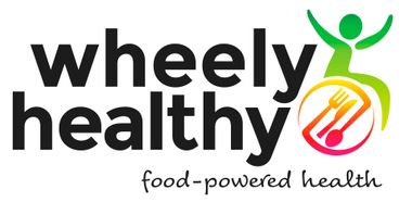 Logo for wheely healthy showing wheelchair user on a spinning plate with knife , fork and spoon