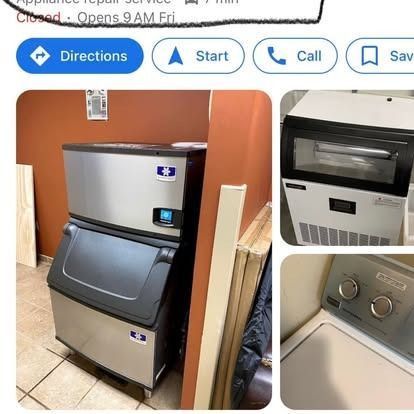 Google Maps listing for an appliance repair service showing photos of an ice machine and a washing machine.