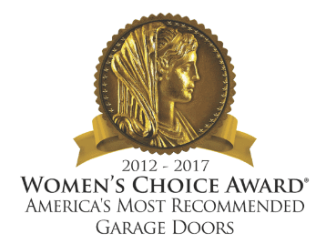 Women's Choice Award seal for America's Most Recommended Garage Doors, 2012-2017, featuring a gold profile emblem.