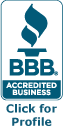 Better Business Bureau (BBB) Accredited Business seal with a blue flame logo and the text 