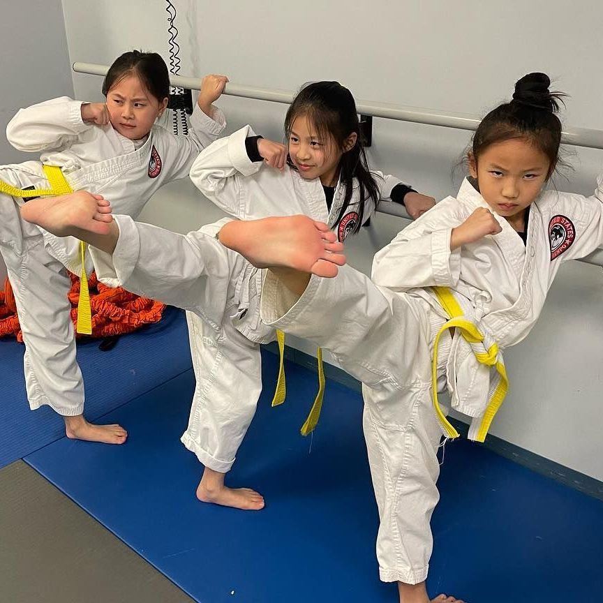 a group of young men are practicing karate in a gym .