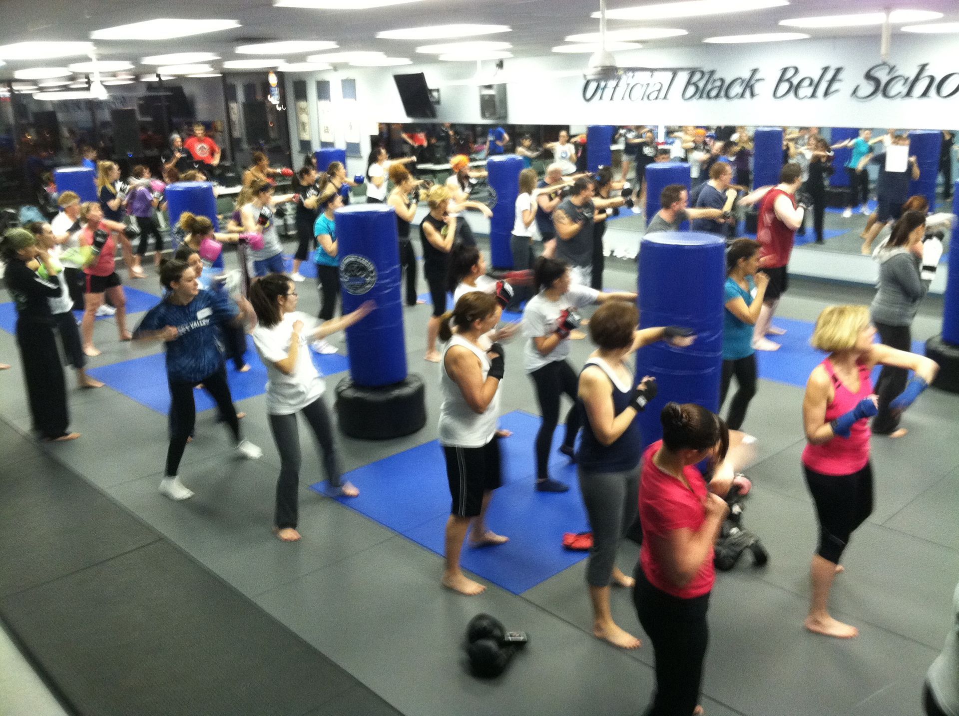 a group of young men are practicing karate in a gym .