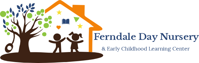 Ferndale Day Nursery logo with tree, children playing, schoolhouse icon and text in multiple colors