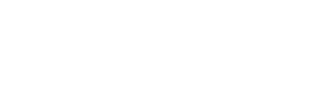 Ferndale Day Nursery logo with tree, children playing, schoolhouse icon and text in white