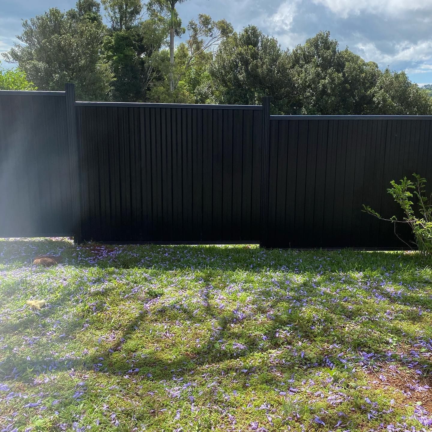 A Black Fence is Surrounded by a Lush Green Field of Flowers — Fence & Deck Australia Pty Ltd in Balina, NSW