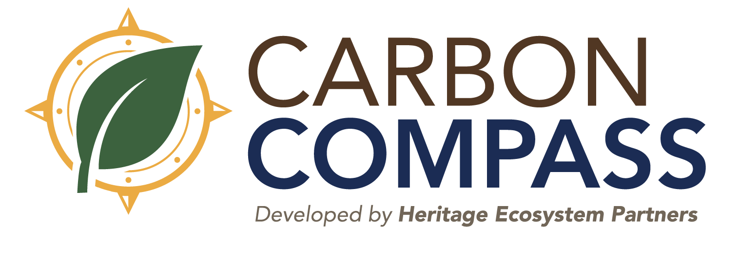 Logo of Carbon Compass with a leaf, compass design, and text, 
