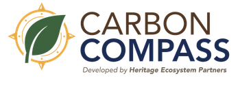 Logo of Carbon Compass with a leaf, compass design, and text,