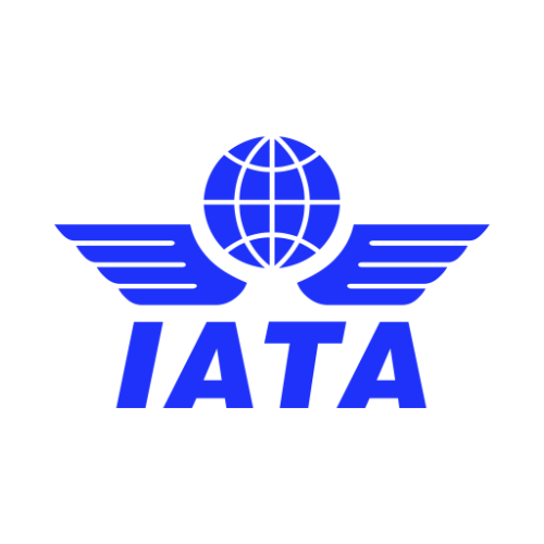 Logotipo azul de la IATA: globo terráqueo sobre las alas y