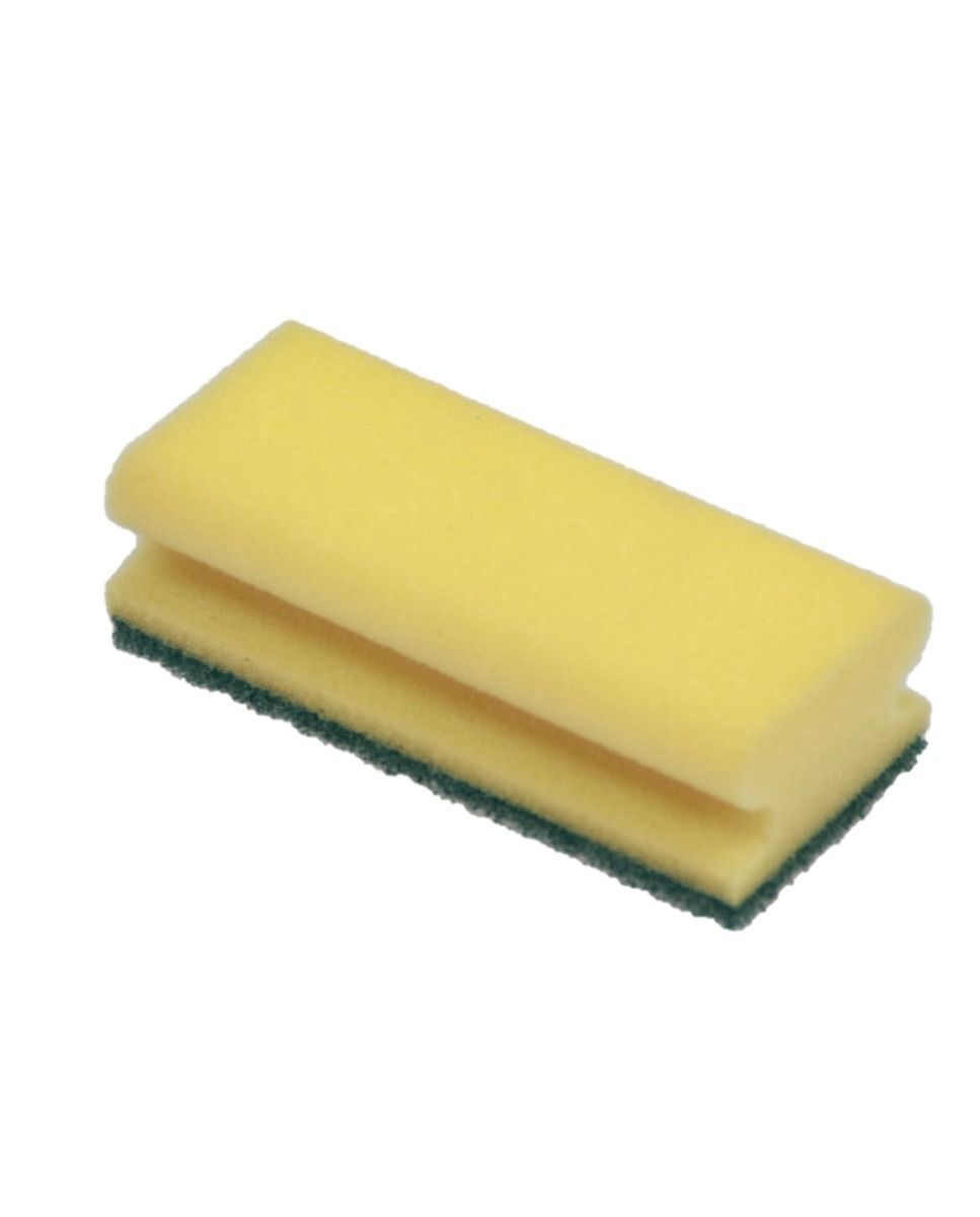 Gele spons met greep en groene pad