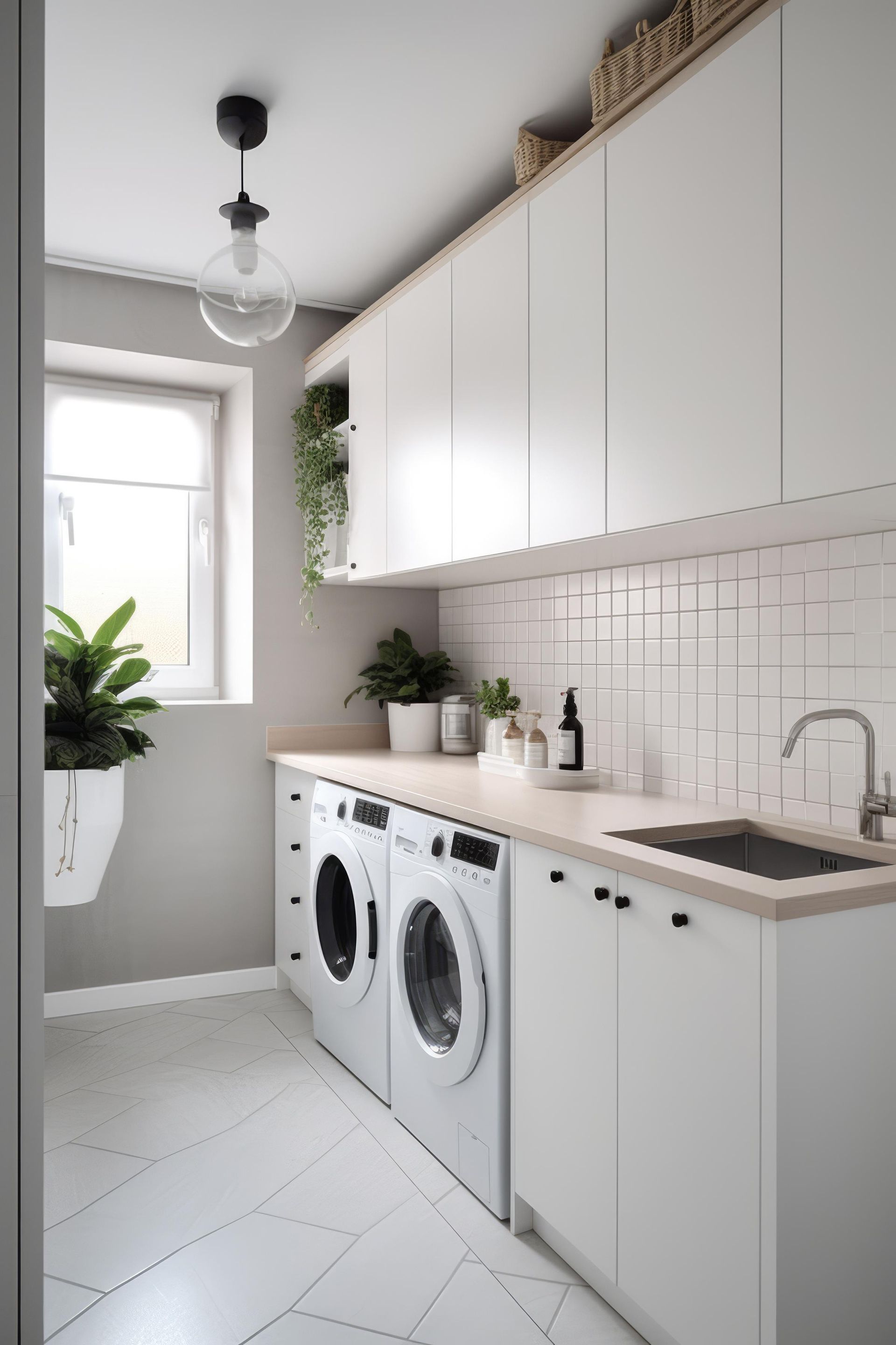A laundry room with white cabinets , a washer and dryer , a sink , and a window.