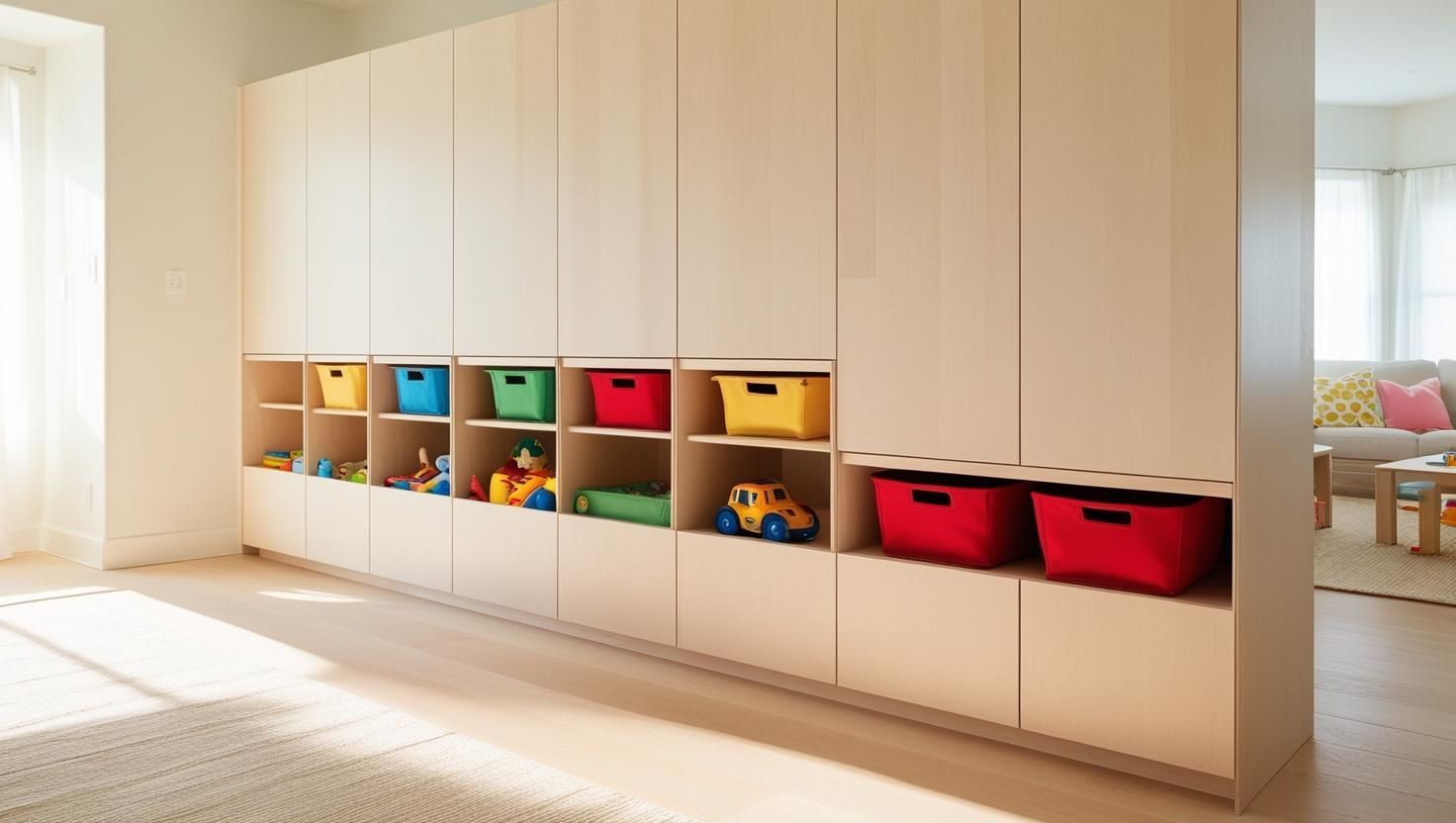 A walk in closet with lots of shelves and drawers and a blue ottoman.