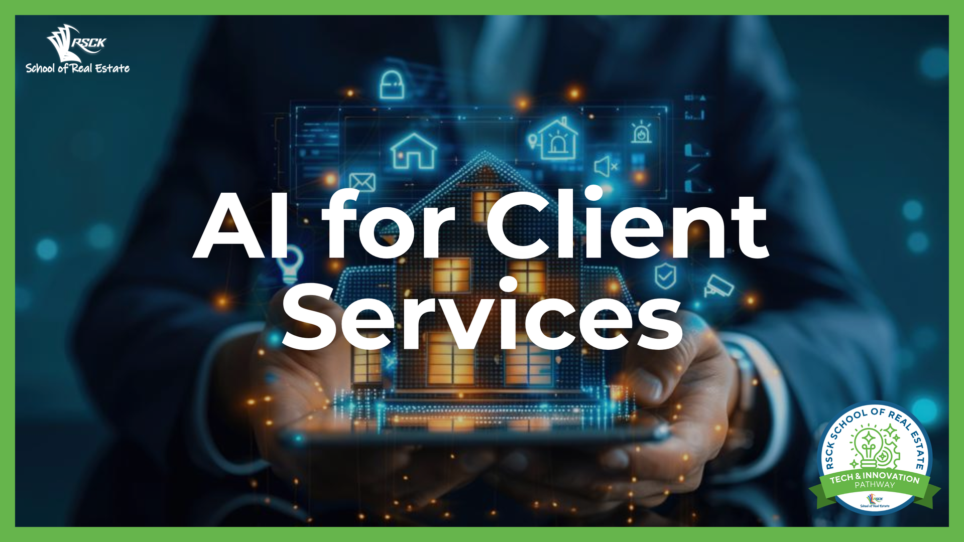 A professional in a suit holds a glowing house hologram with digital icons, titled 