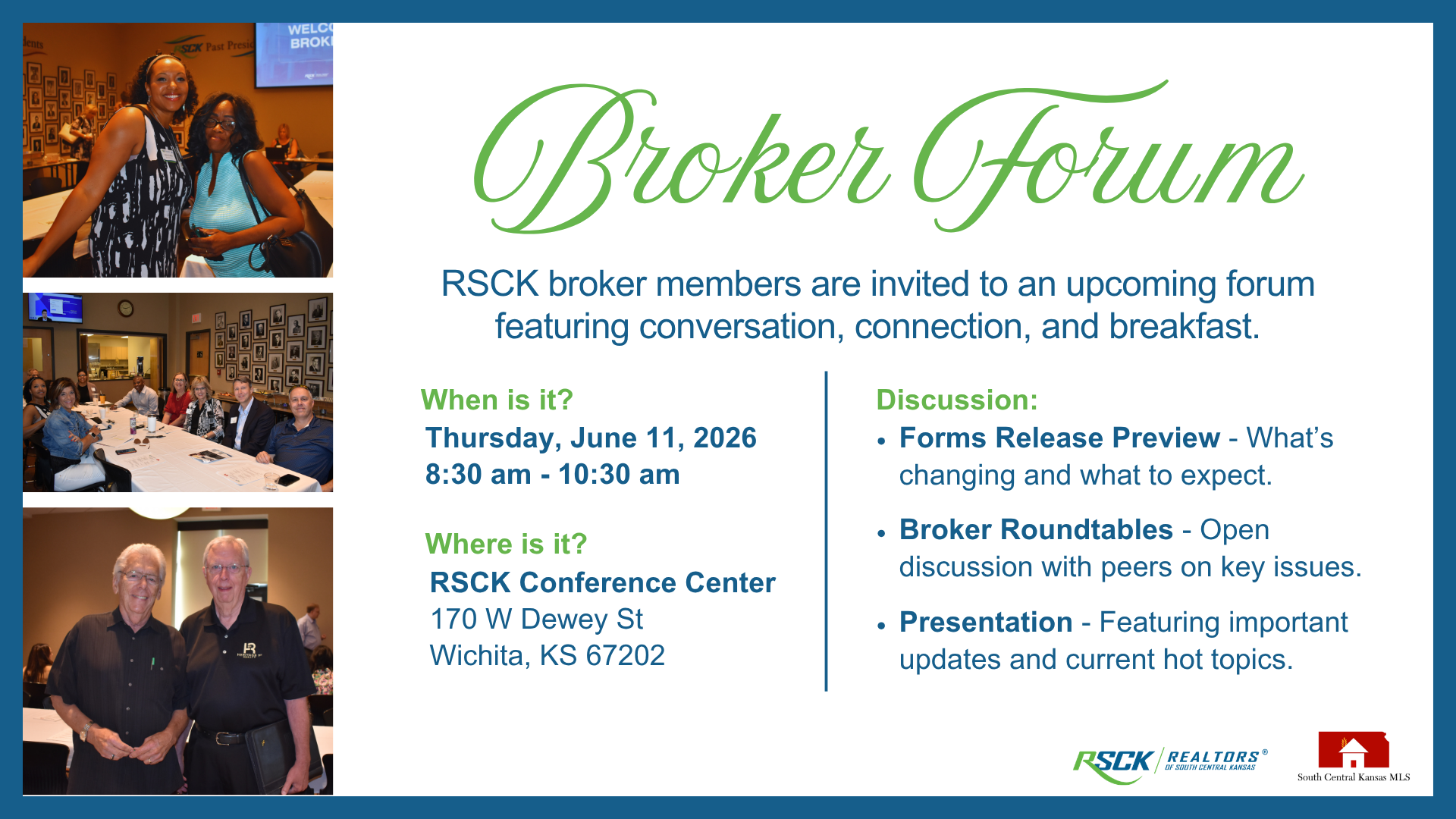 A blue event flyer for a New Member Orientation Happy Hour on May 28, 2026, at the RSCR Conference Center.